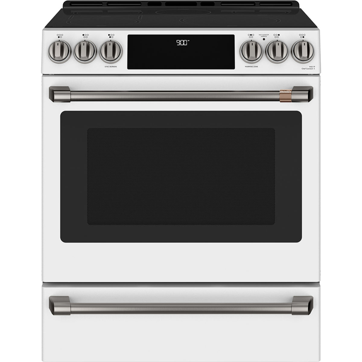 30" Induction Range with Warming Drawer and No-Preheat Air Fry in Matte White with Brushed Black hardware