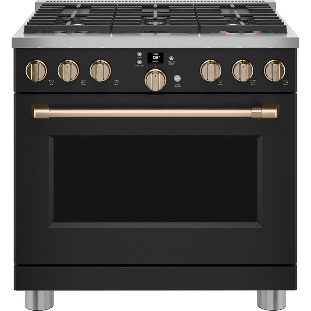 36" Smart All-Gas Commercial-Style Range with No-Preheat Air Fry in Matte Black with Brushed Bronze hardware