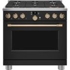 36" Smart All-Gas Commercial-Style Range with No-Preheat Air Fry in Matte Black with Brushed Bronze hardware