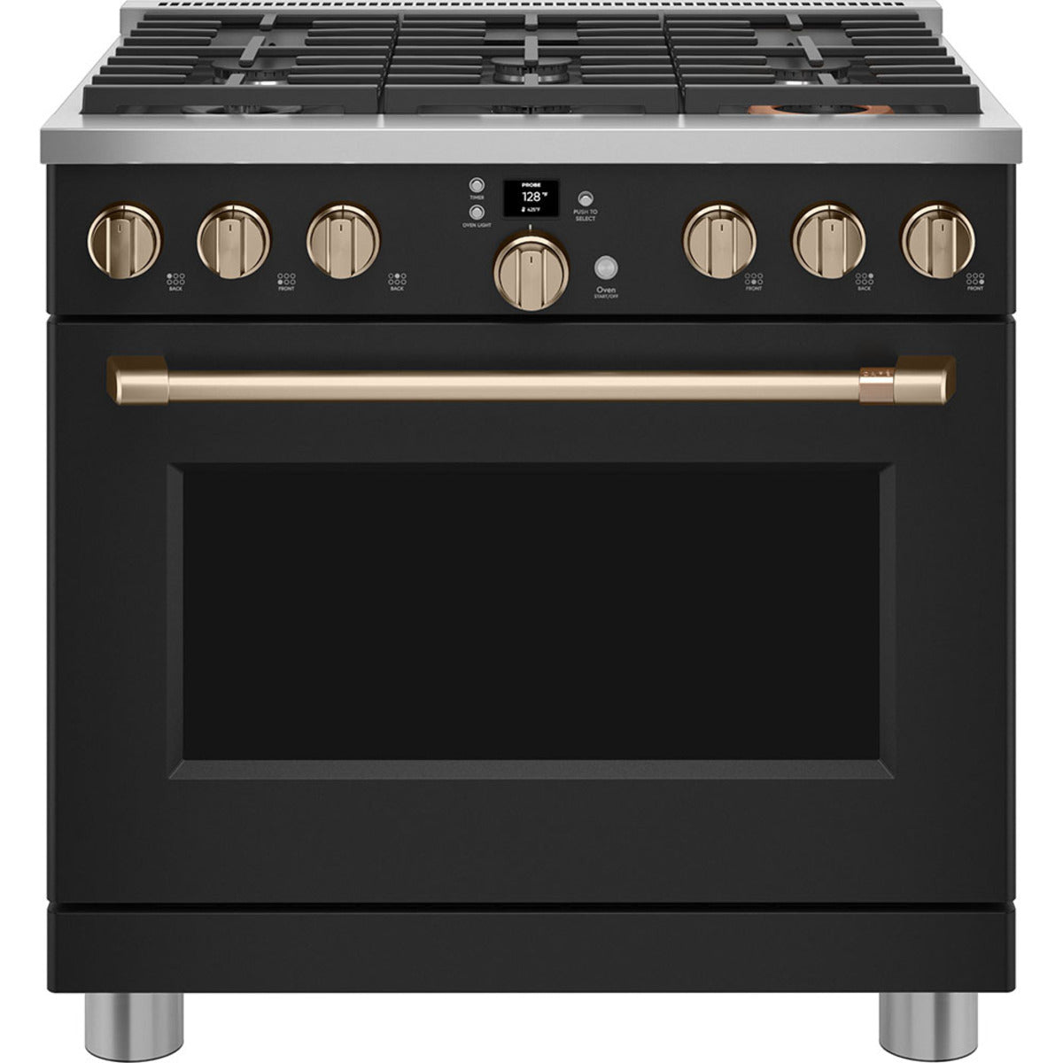 36" Smart All-Gas Commercial-Style Range with No-Preheat Air Fry in Matte Black with Brushed Bronze hardware