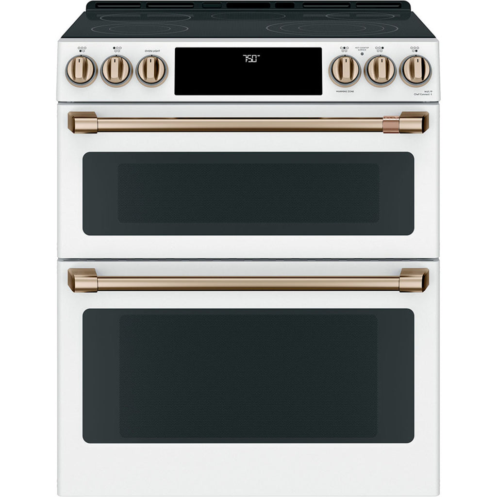 30" Slide-In Radiant Double Oven Range with No-Preheat Air Fry in Matte White with Brushed Bronze hardware