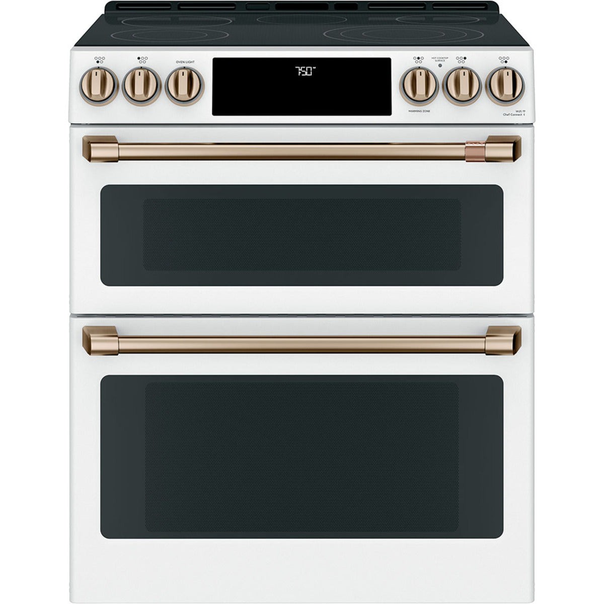 30" Slide-In Radiant Double Oven Range with No-Preheat Air Fry in Matte White with Brushed Bronze hardware