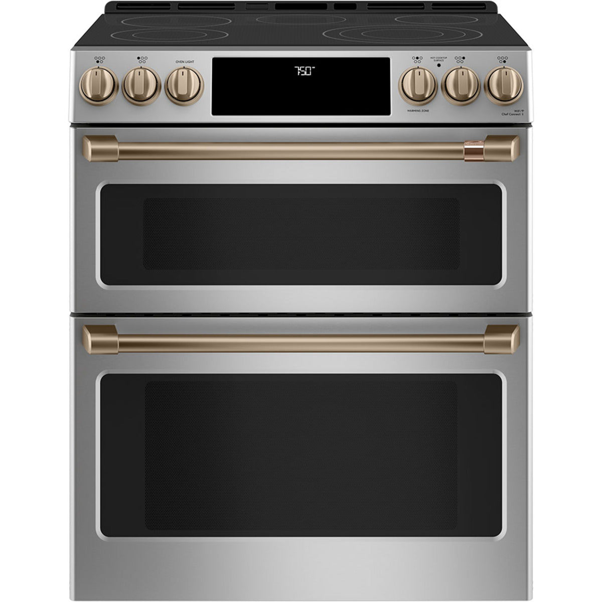 30" Slide-In Radiant Double Oven Range with No-Preheat Air Fry in Stainless Steel with Brushed Bronze hardware