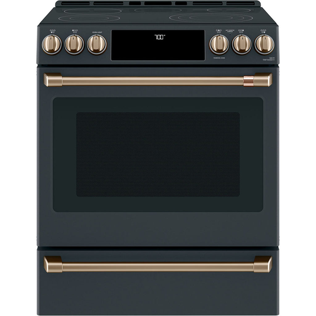 30" Slide-In Radiant Range with No-Preheat Air Fry in Matte Black with Brushed Bronze hardware