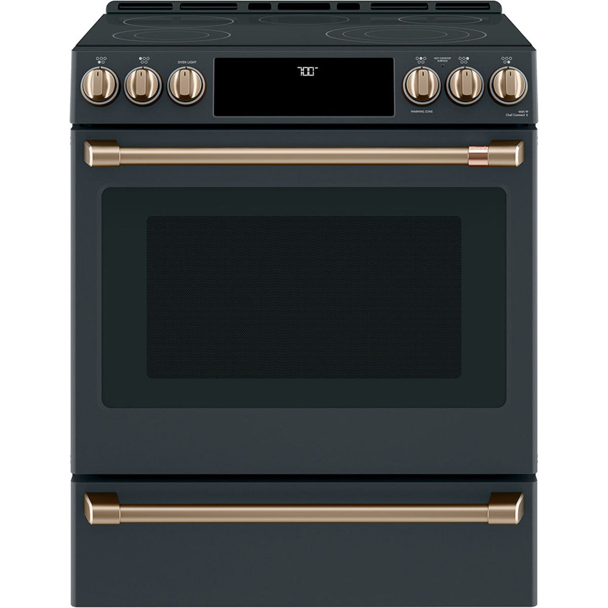 30" Slide-In Radiant Range with No-Preheat Air Fry in Matte Black with Brushed Bronze hardware