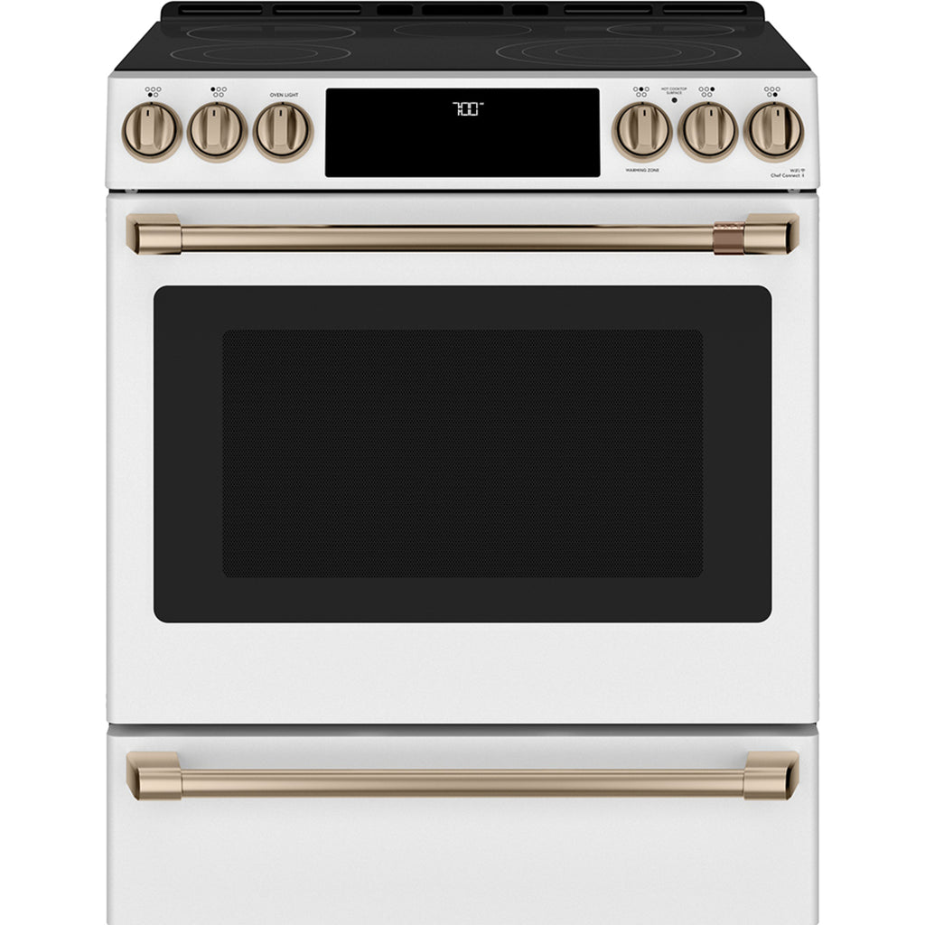 30" Slide-In Radiant Range with No-Preheat Air Fry in Matte White with Brushed Bronze hardware