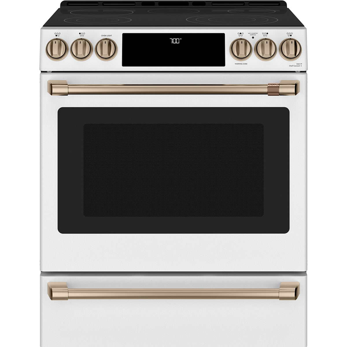 30" Slide-In Radiant Range with No-Preheat Air Fry in Matte White with Brushed Bronze hardware