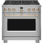 36" Smart All-Gas Commercial-Style Range with No-Preheat Air Fry in Stainless Steel with Brushed Bronze hardware