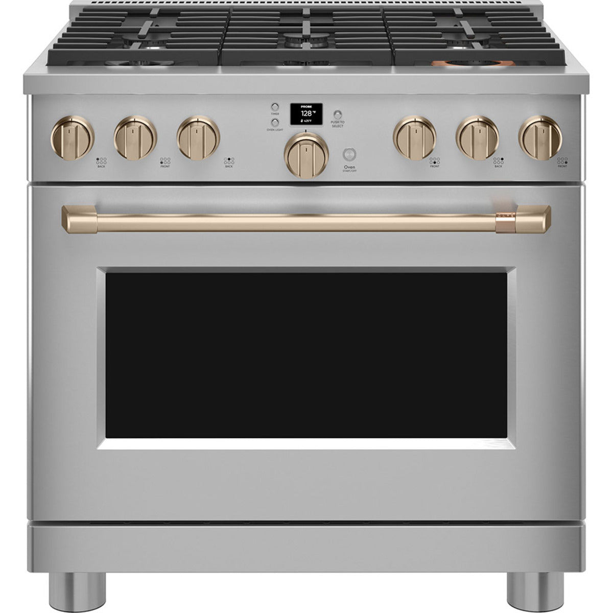 36" Smart All-Gas Commercial-Style Range with No-Preheat Air Fry in Stainless Steel with Brushed Bronze hardware