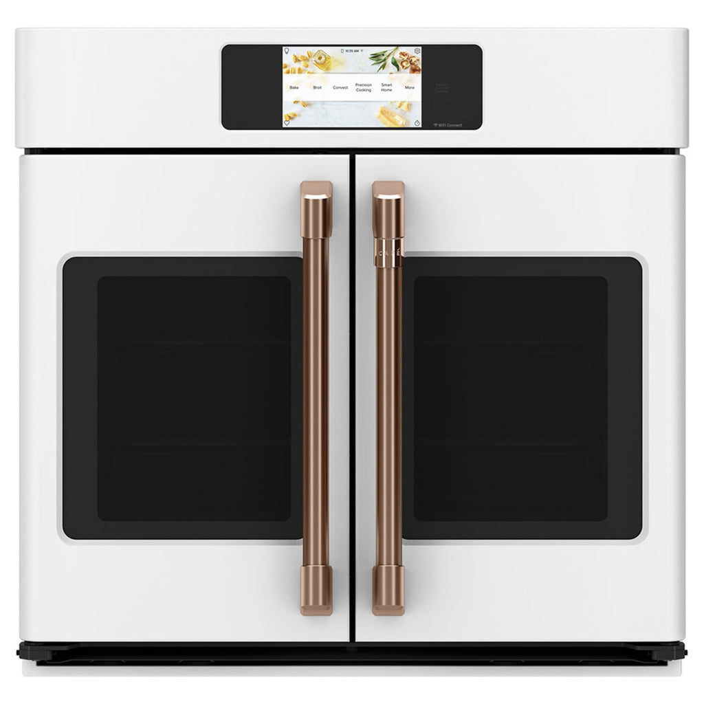 30" Built-In French-Door Single Convection Wall Oven in Matte White with Brushed Copper hardware
