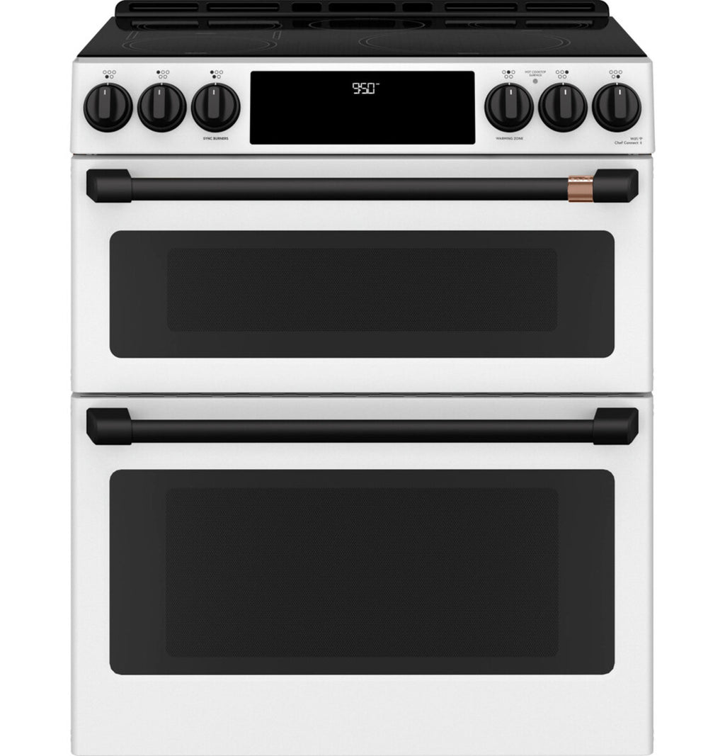 30" Induction Range with Double Oven and No-Preheat Air Fry in Matte White with Flat Black hardware
