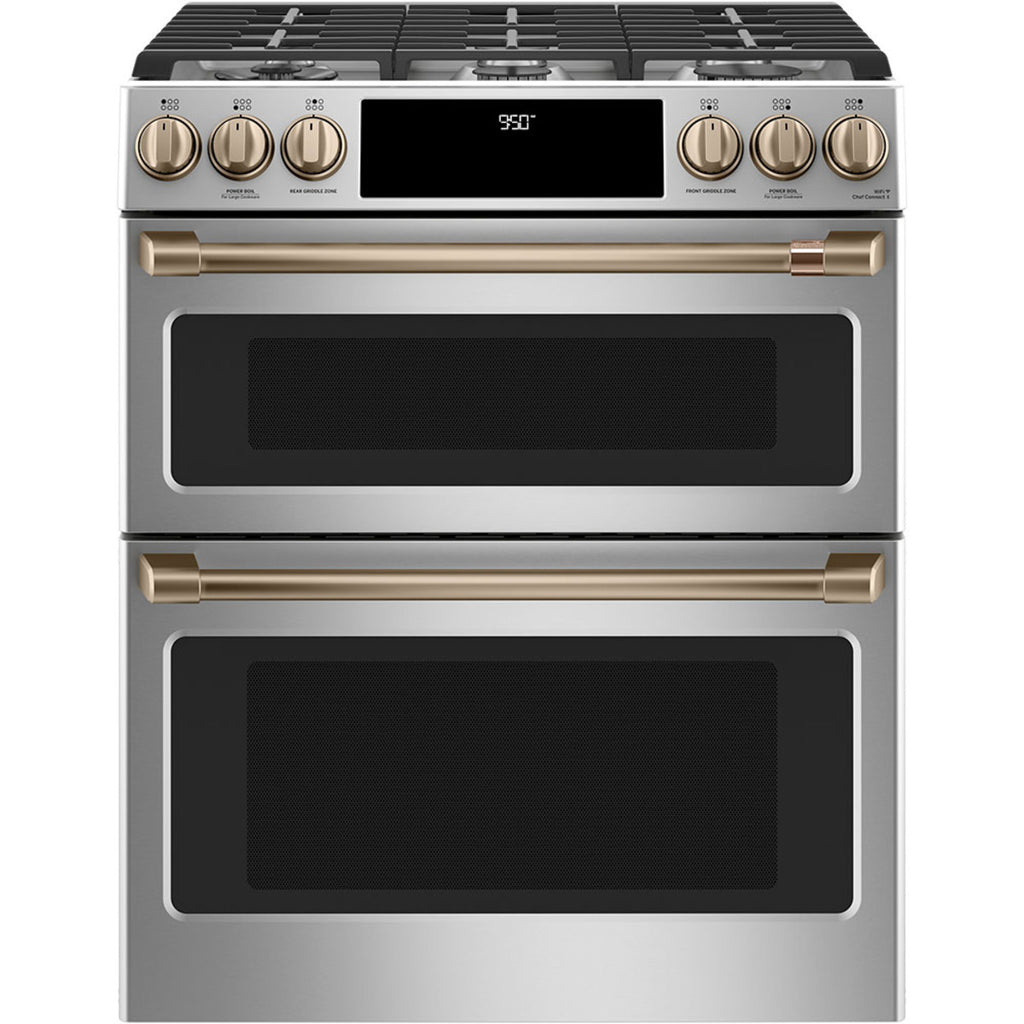30" Dual-Fuel Range with Double Oven and No-Preheat Air Fry in Stainless Steel with Brushed Bronze hardware
