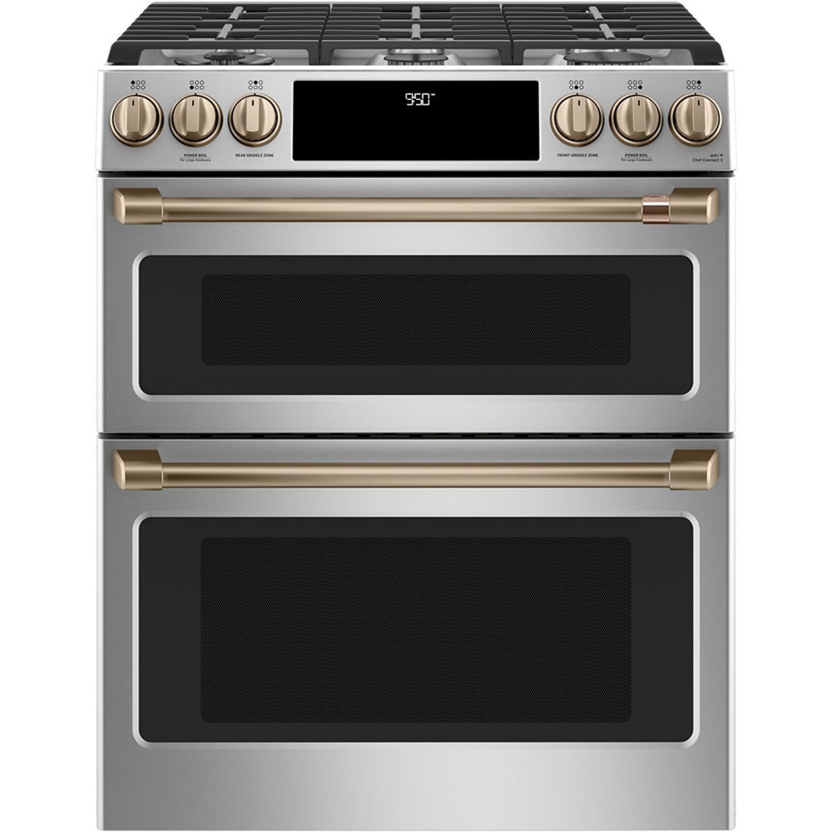 30" Dual-Fuel Range with Double Oven and No-Preheat Air Fry in Stainless Steel with Brushed Bronze hardware
