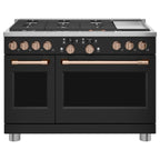 48" Smart Dual-Fuel Commercial-Style Range with No-Preheat Air Fry in Matte Black with Brushed Copper hardware