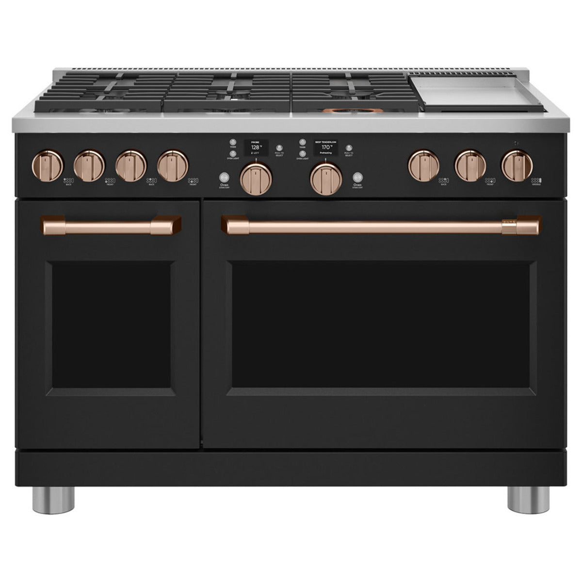 48" Smart Dual-Fuel Commercial-Style Range with No-Preheat Air Fry in Matte Black with Brushed Copper hardware