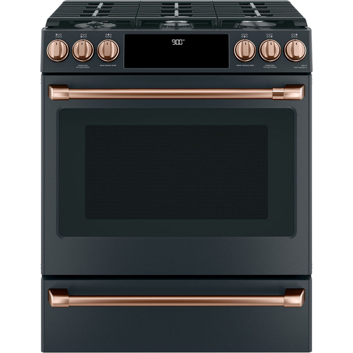 30" Slide-In Dual-Fuel Range with No-Preheat Air Fry in Matte Black with Brushed Copper hardware