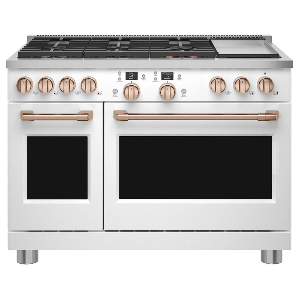 48" Smart Dual-Fuel Commercial-Style Range with No-Preheat Air Fry in Matte White with Brushed Copper hardware