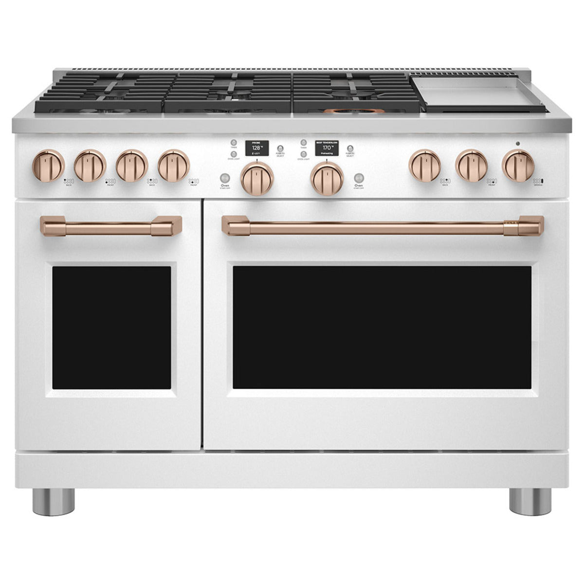 48" Smart Dual-Fuel Commercial-Style Range with No-Preheat Air Fry in Matte White with Brushed Copper hardware