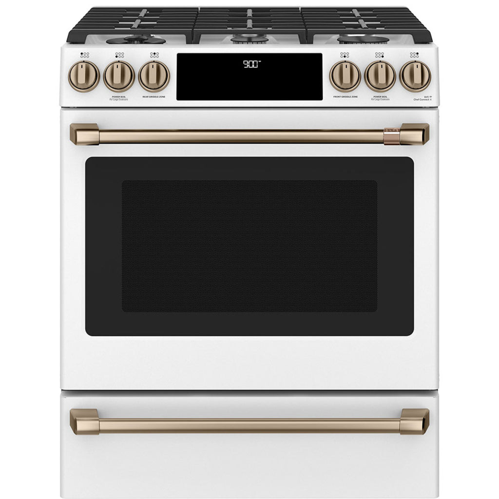 30" Slide-In Dual-Fuel Range with No-Preheat Air Fry in Matte White with Brushed Bronze hardware