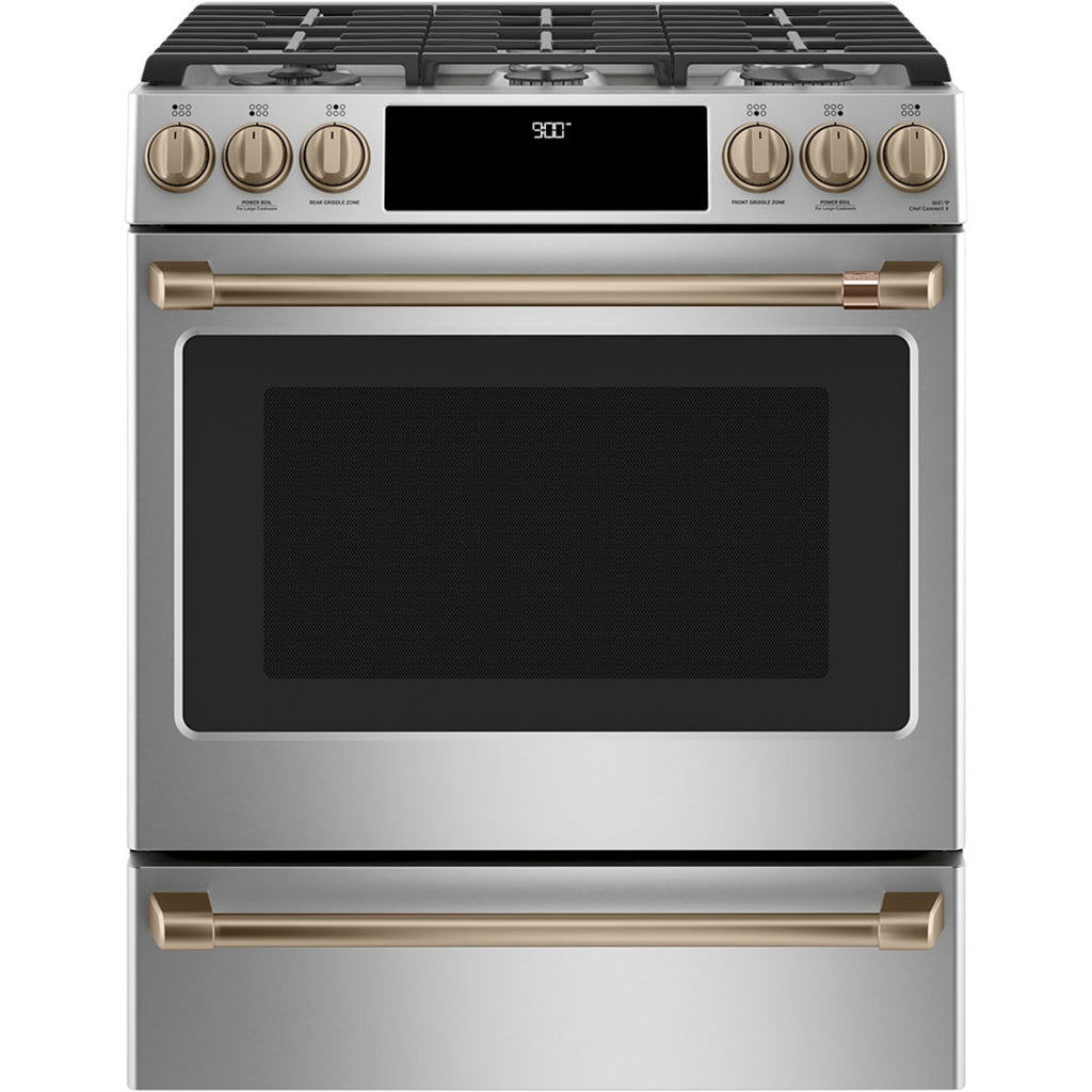 30" Slide-In Dual-Fuel Range with No-Preheat Air Fry in Stainless Steel with Brushed Bronze hardware
