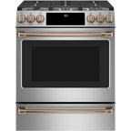 30" Slide-In Dual-Fuel Range with No-Preheat Air Fry in Stainless Steel with Brushed Bronze hardware