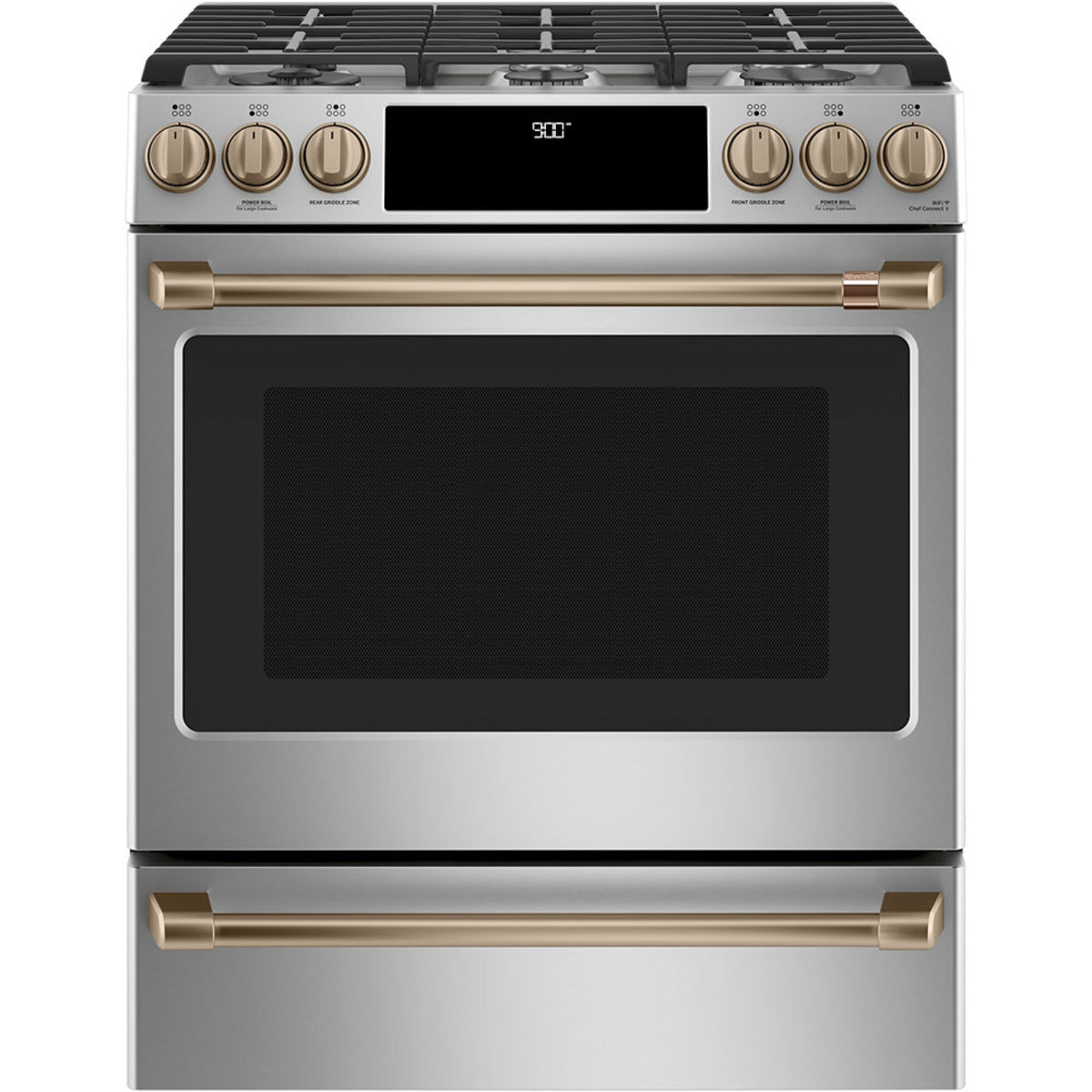30" Slide-In Dual-Fuel Range with No-Preheat Air Fry in Stainless Steel with Brushed Bronze hardware