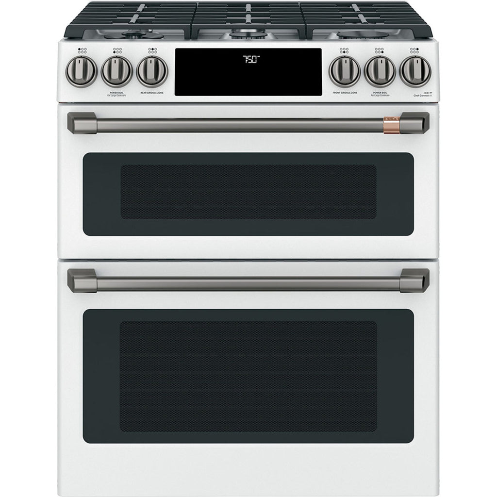 30" Double Oven Gas Range with No-Preheat Air Fry in Matte White with Brushed Black hardware