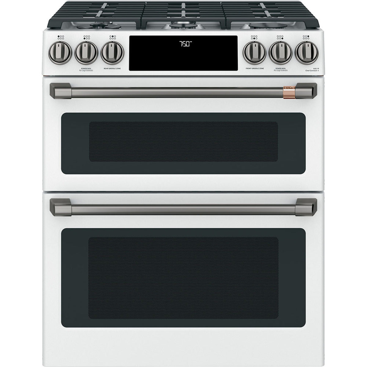30" Double Oven Gas Range with No-Preheat Air Fry in Matte White with Brushed Black hardware