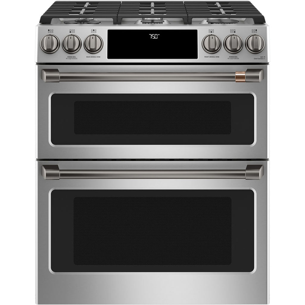 30" Double Oven Gas Range with No-Preheat Air Fry in Stainless Steel with Brushed Black hardware