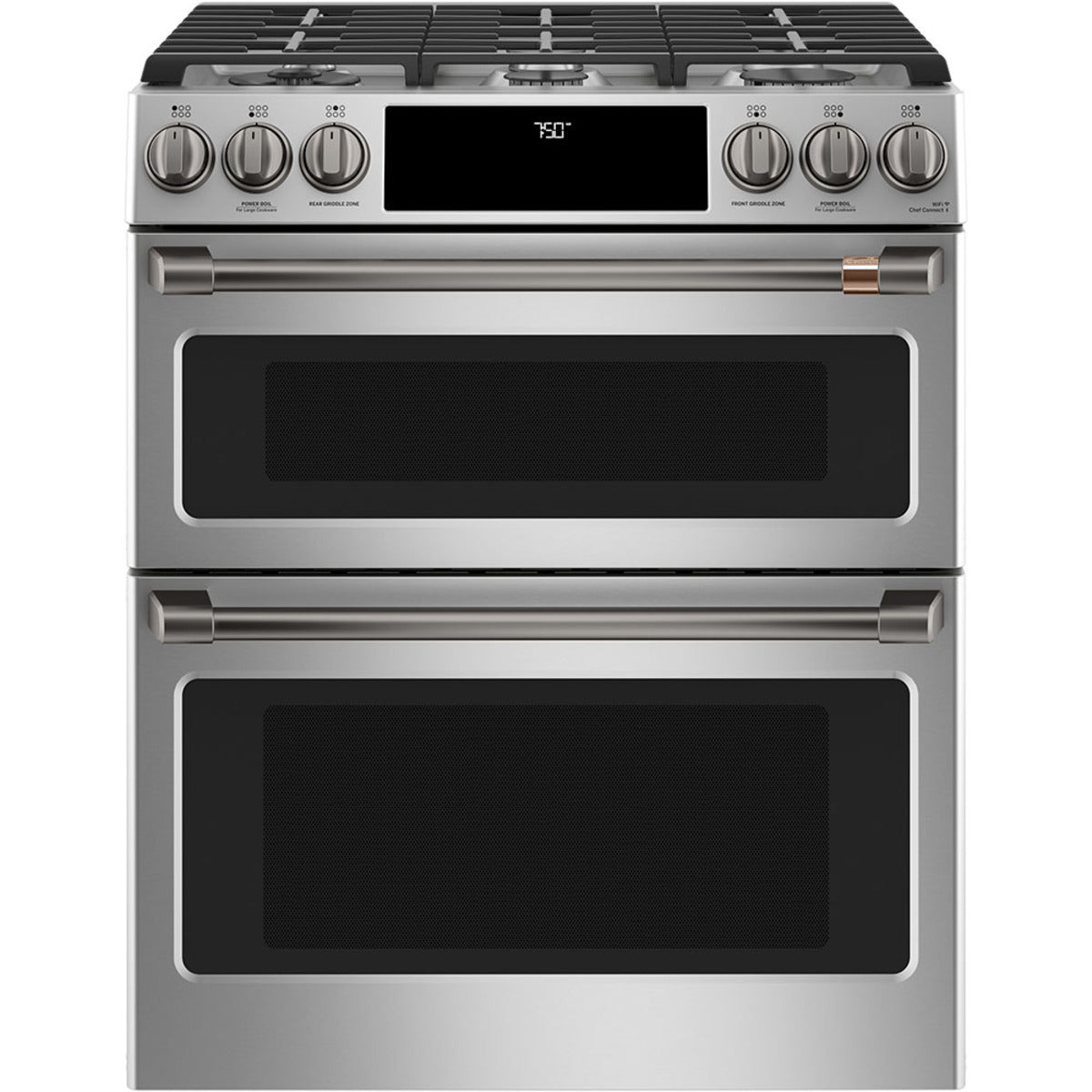 30" Double Oven Gas Range with No-Preheat Air Fry in Stainless Steel with Brushed Black hardware