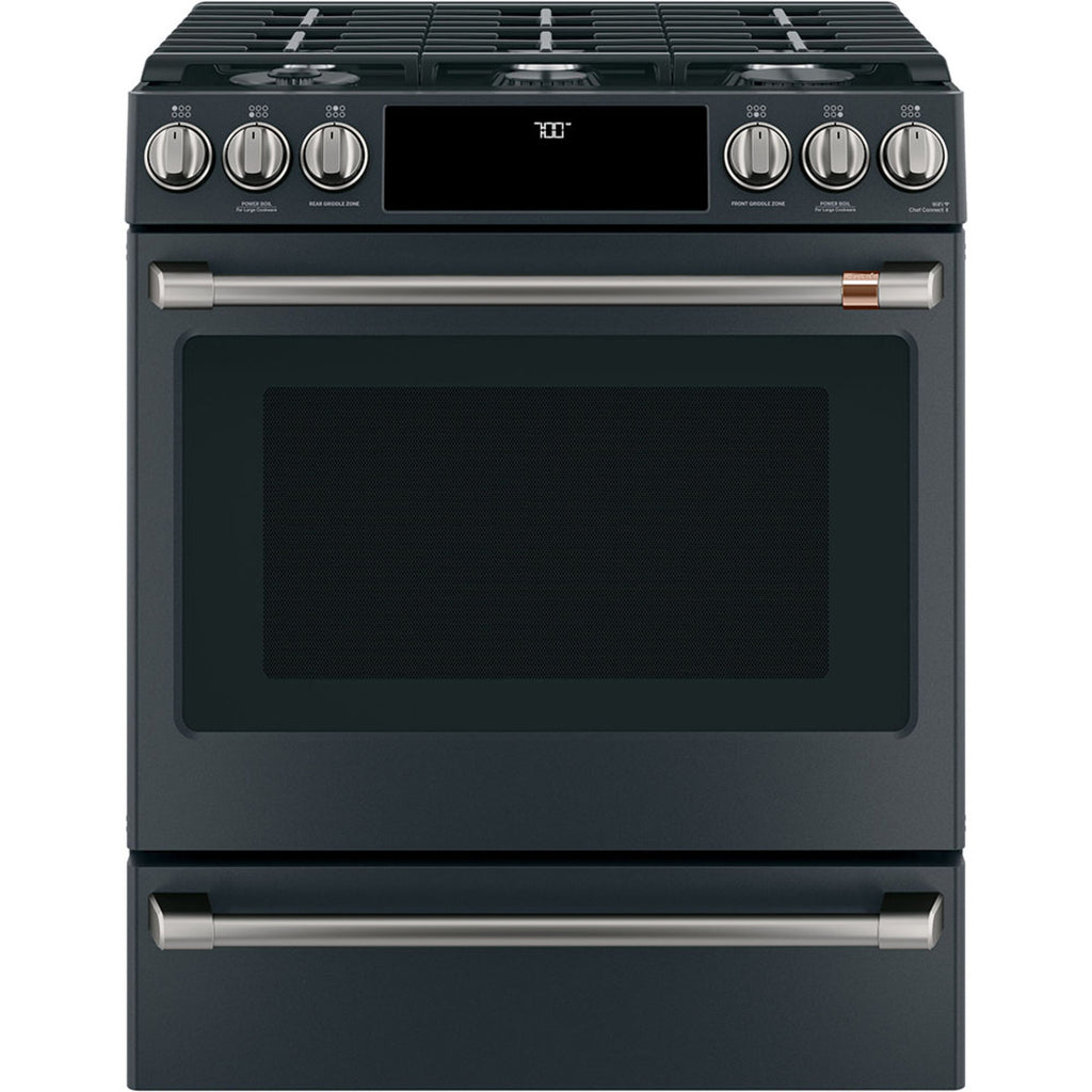 30" Slide-In Gas Range with Convection and No-Preheat Air Fry in Matte Black with Brushed Black hardware