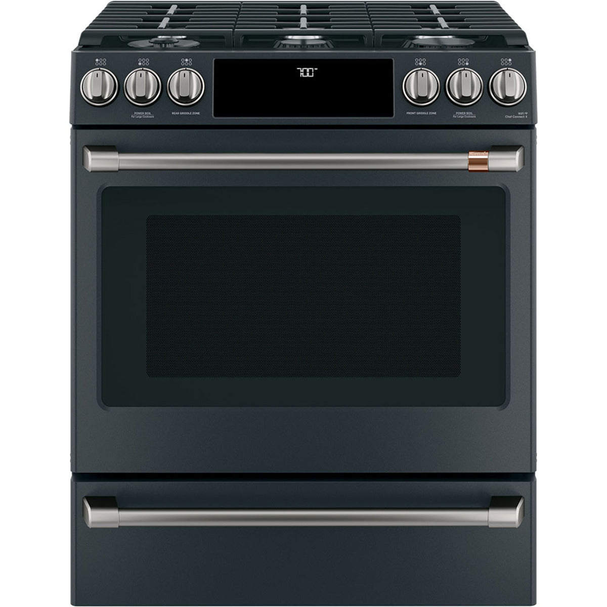 30" Slide-In Gas Range with Convection and No-Preheat Air Fry in Matte Black with Brushed Black hardware