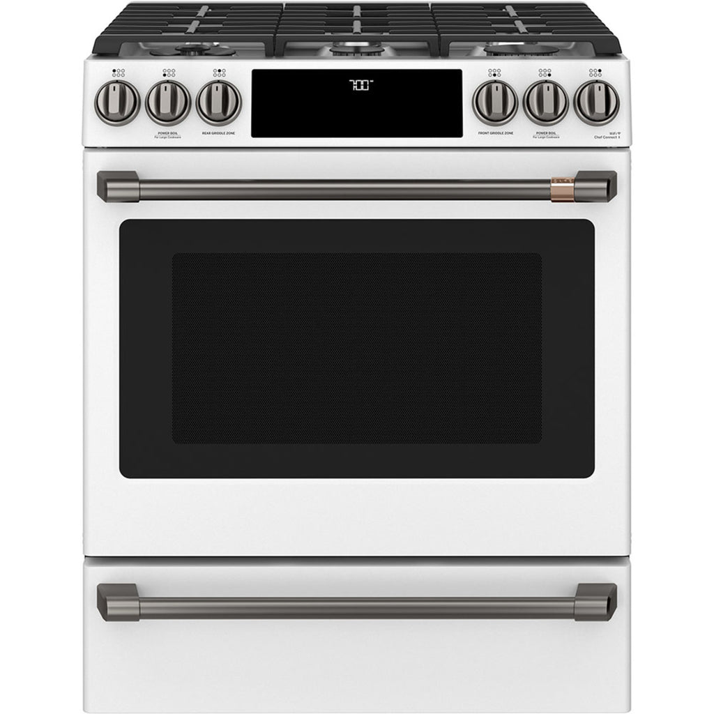 30" Slide-In Gas Range with Convection and No-Preheat Air Fry in Matte White with Brushed Black hardware