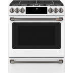 30" Slide-In Gas Range with Convection and No-Preheat Air Fry in Matte White with Brushed Black hardware