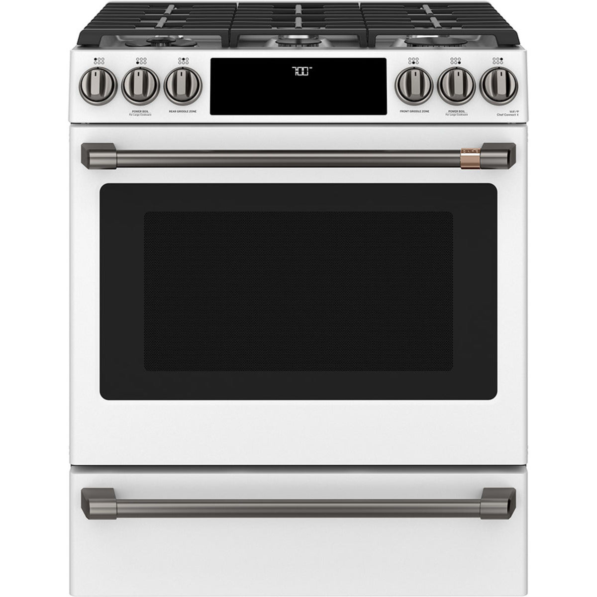 30" Slide-In Gas Range with Convection and No-Preheat Air Fry in Matte White with Brushed Black hardware