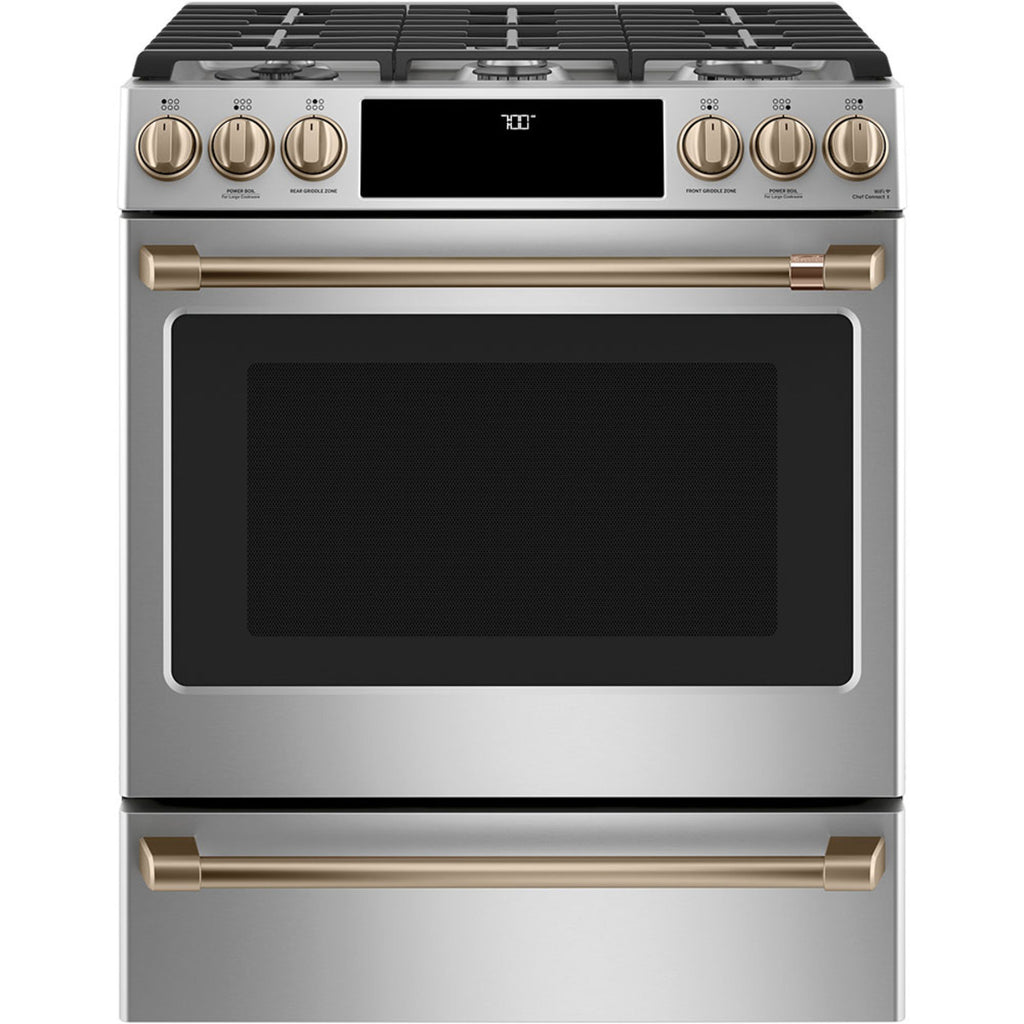 30" Slide-In Gas Range with Convection and No-Preheat Air Fry in Stainless Steel with Brushed Bronze hardware