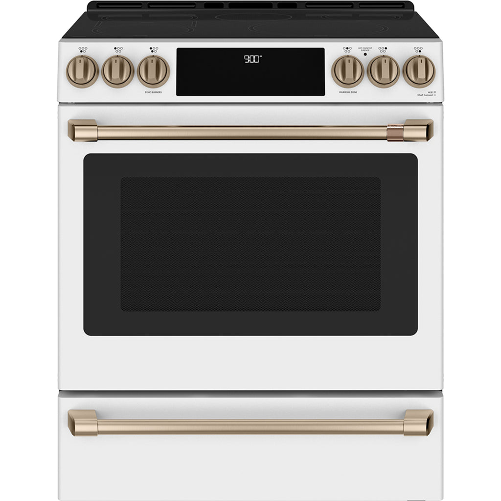 30" Induction Range with Warming Drawer and No-Preheat Air Fry in Matte White with Brushed Bronze hardware