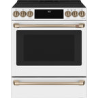 30" Induction Range with Warming Drawer and No-Preheat Air Fry in Matte White with Brushed Bronze hardware