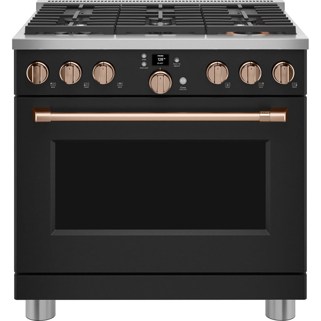36" Smart All-Gas Commercial-Style Range with No-Preheat Air Fry in Matte Black with Brushed Copper hardware