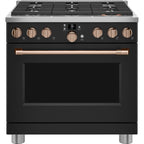 36" Smart All-Gas Commercial-Style Range with No-Preheat Air Fry in Matte Black with Brushed Copper hardware