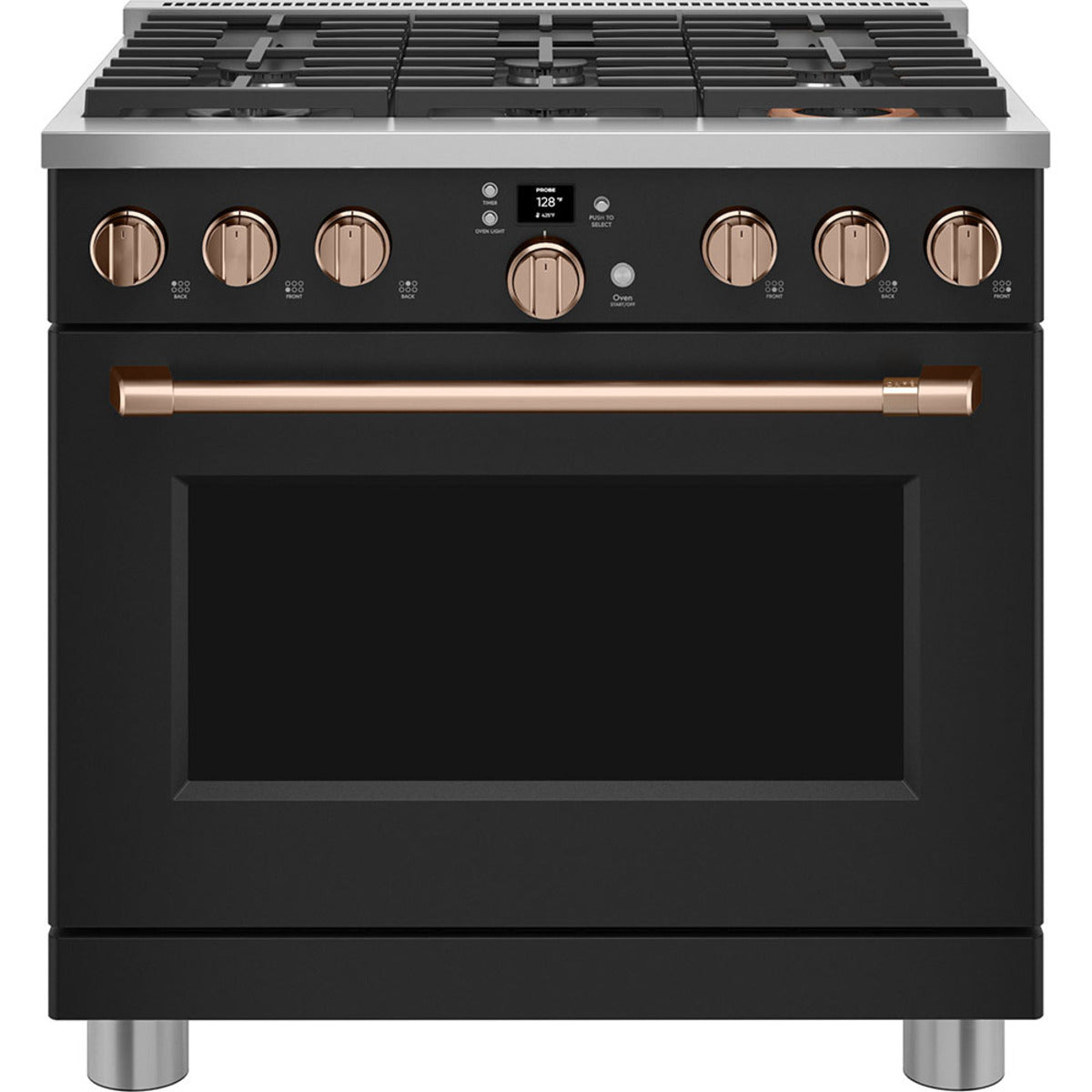 36" Smart All-Gas Commercial-Style Range with No-Preheat Air Fry in Matte Black with Brushed Copper hardware