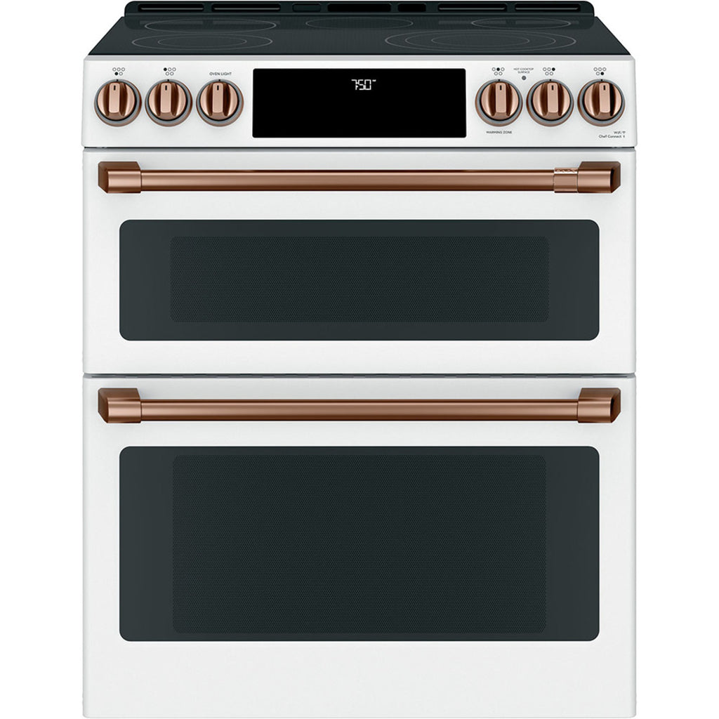 30" Slide-In Radiant Double Oven Range with No-Preheat Air Fry in Matte White with Brushed Copper hardware