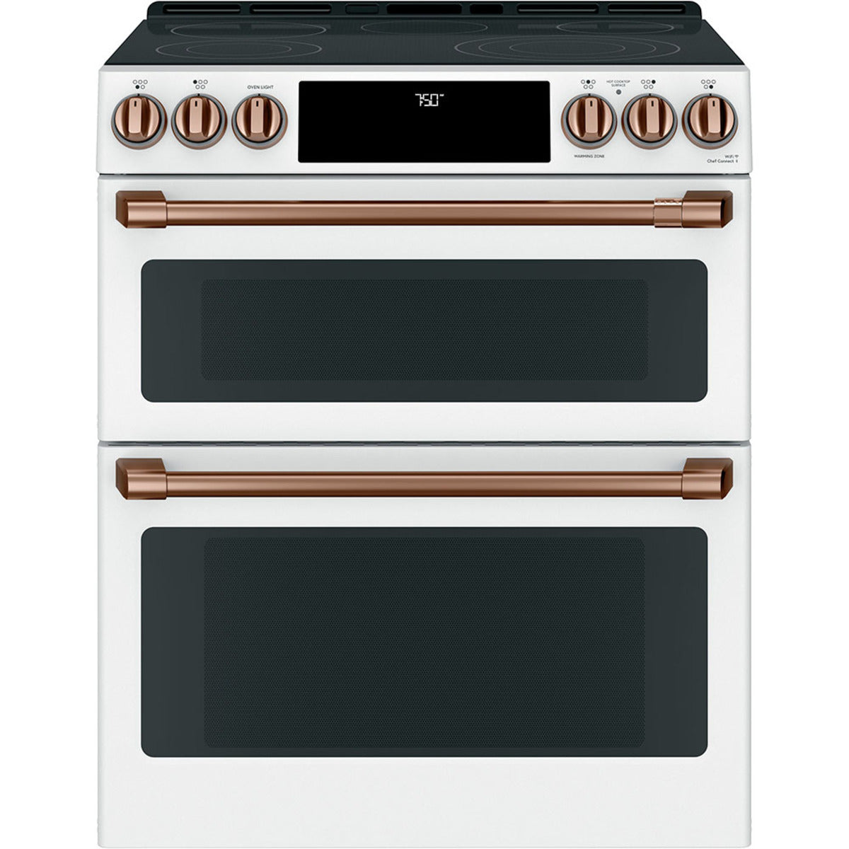 30" Slide-In Radiant Double Oven Range with No-Preheat Air Fry in Matte White with Brushed Copper hardware