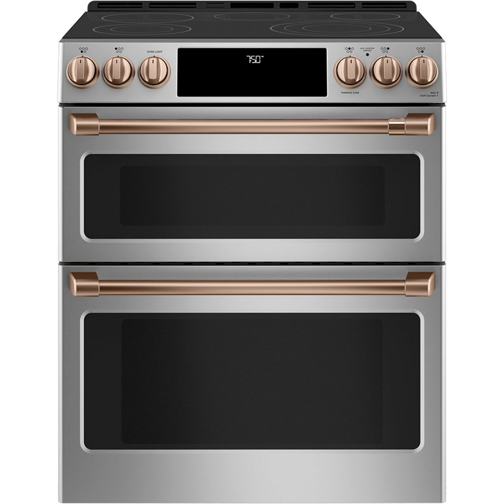 30" Slide-In Radiant Double Oven Range with No-Preheat Air Fry in Stainless Steel with Brushed Copper hardware