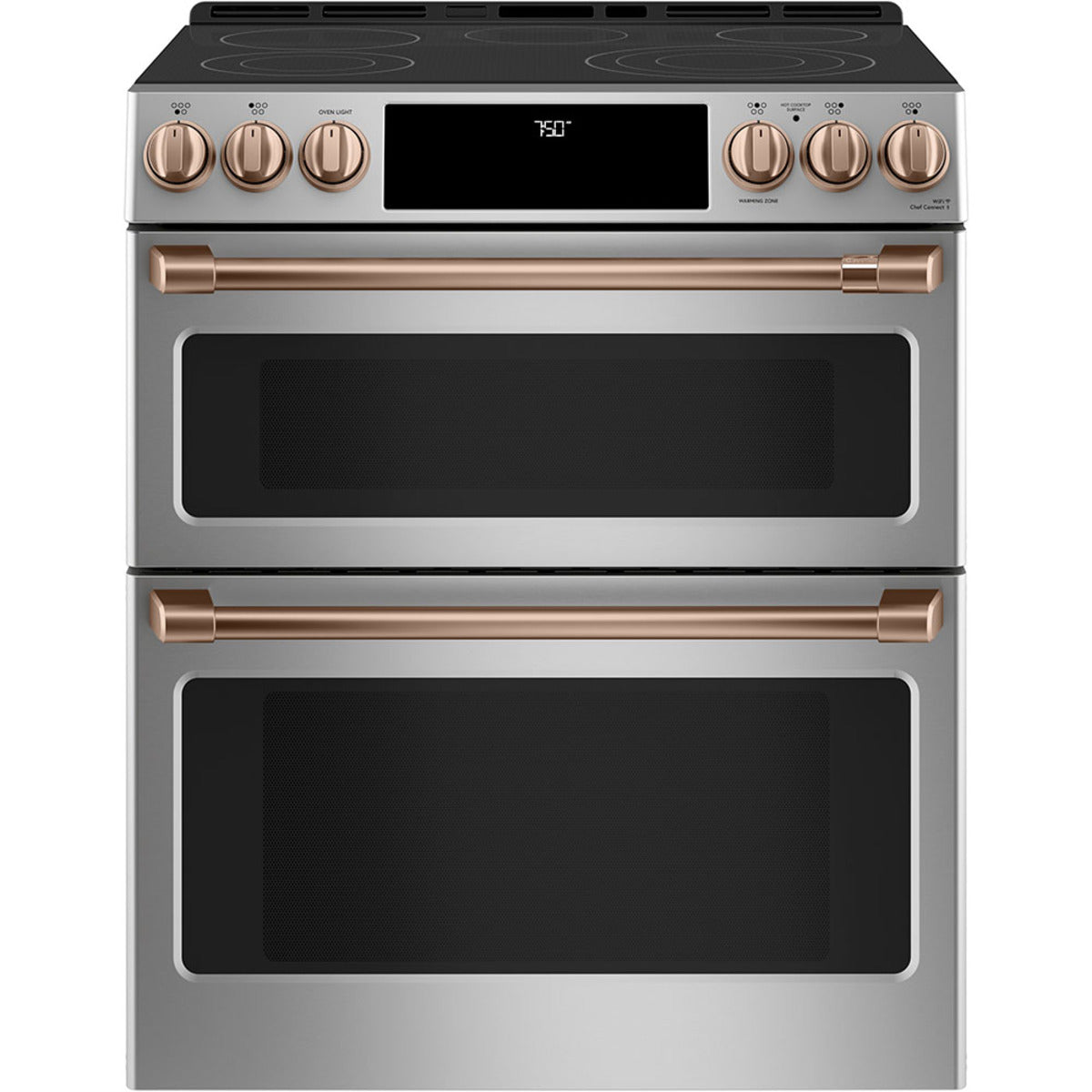 30" Slide-In Radiant Double Oven Range with No-Preheat Air Fry in Stainless Steel with Brushed Copper hardware
