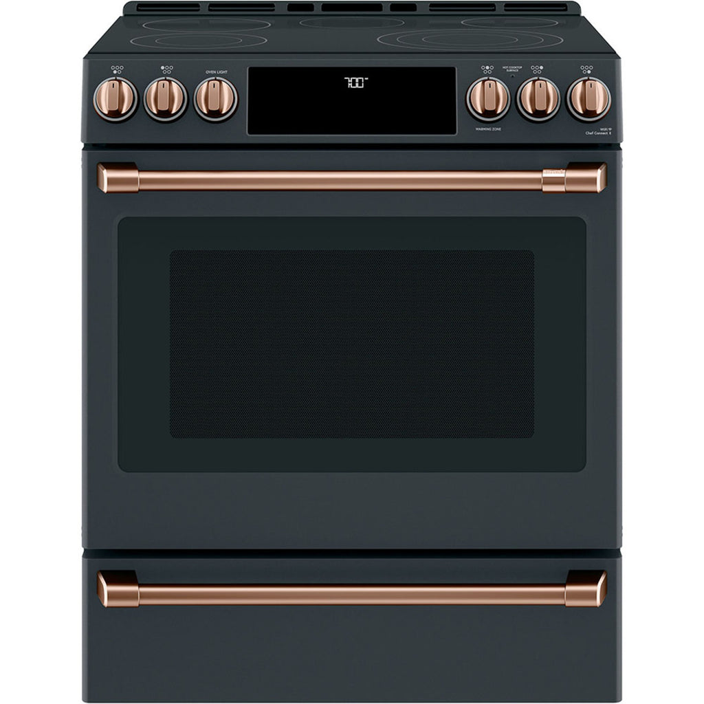 30" Slide-In Radiant Range with No-Preheat Air Fry in Matte Black with Brushed Copper hardware