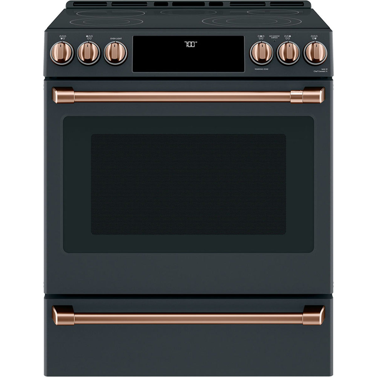 30" Slide-In Radiant Range with No-Preheat Air Fry in Matte Black with Brushed Copper hardware