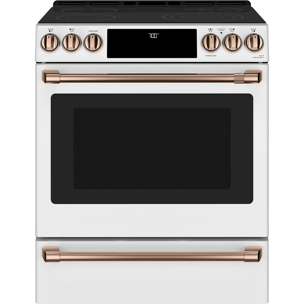 30" Slide-In Radiant Range with No-Preheat Air Fry in Matte White with Brushed Copper hardware