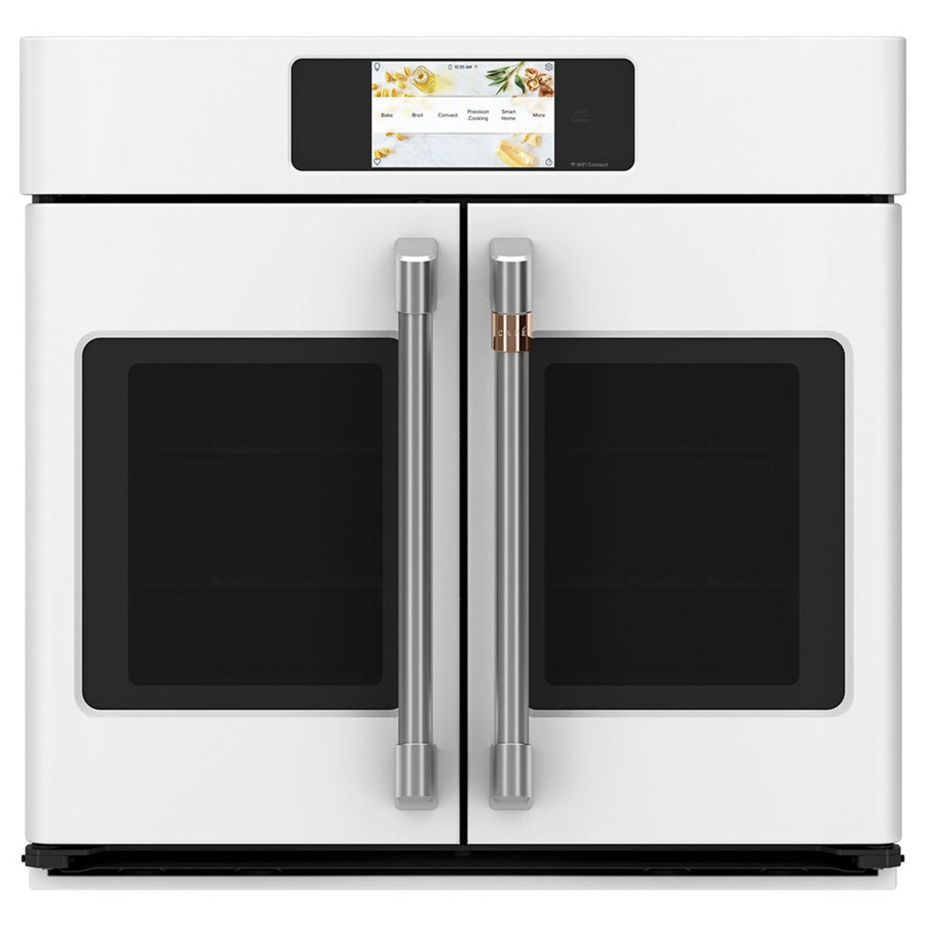 30" Built-In French-Door Single Convection Wall Oven in Matte White with Brushed Stainless hardware