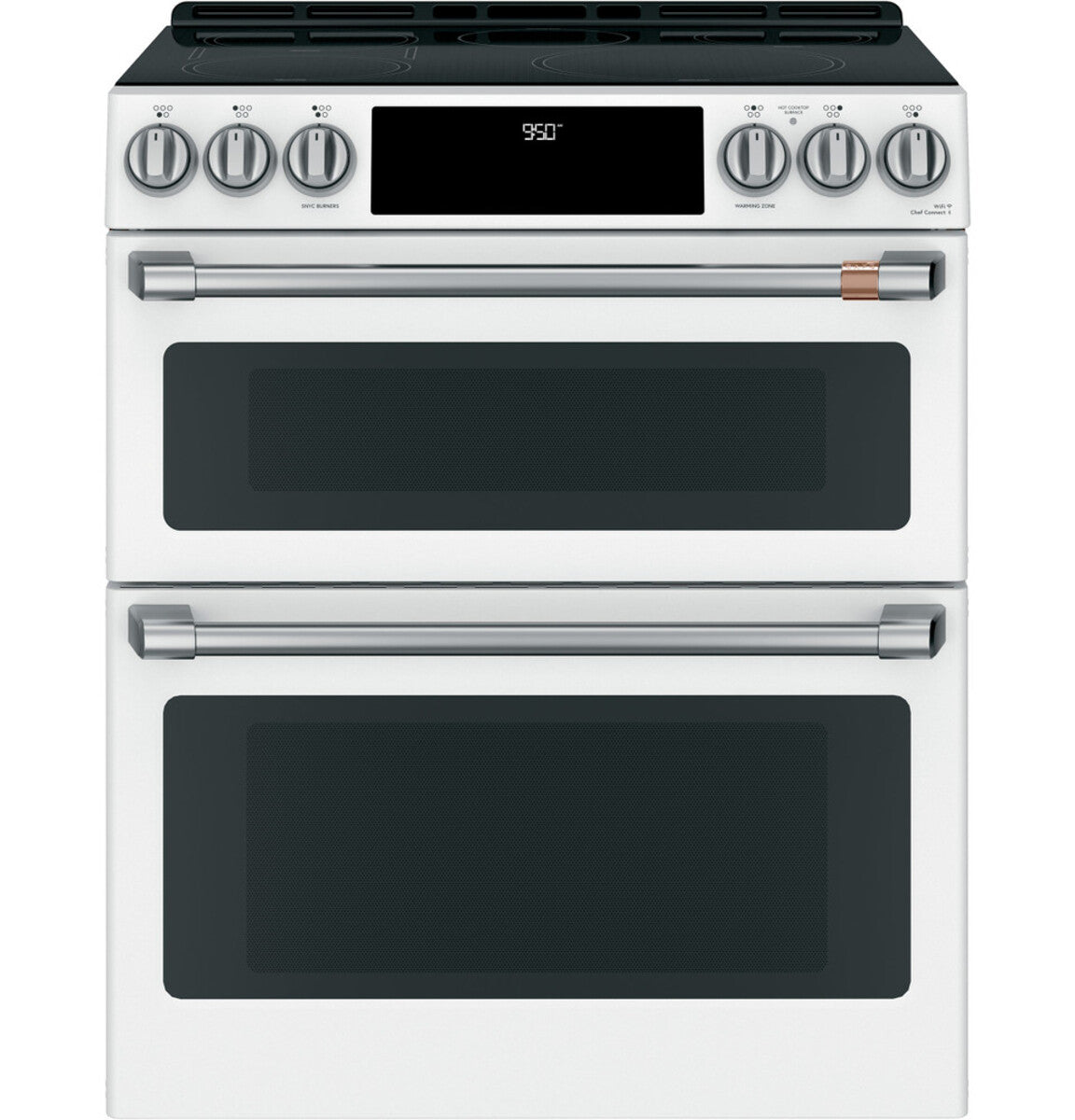 30" Induction Range with Double Oven and No-Preheat Air Fry in Matte White with Brushed Stainless hardware